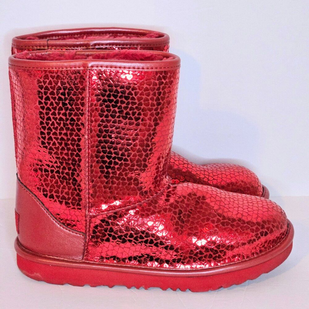 UGG Boots Red Shiny Metallic Hearts Classic Booties Kids Size 5 US NEW